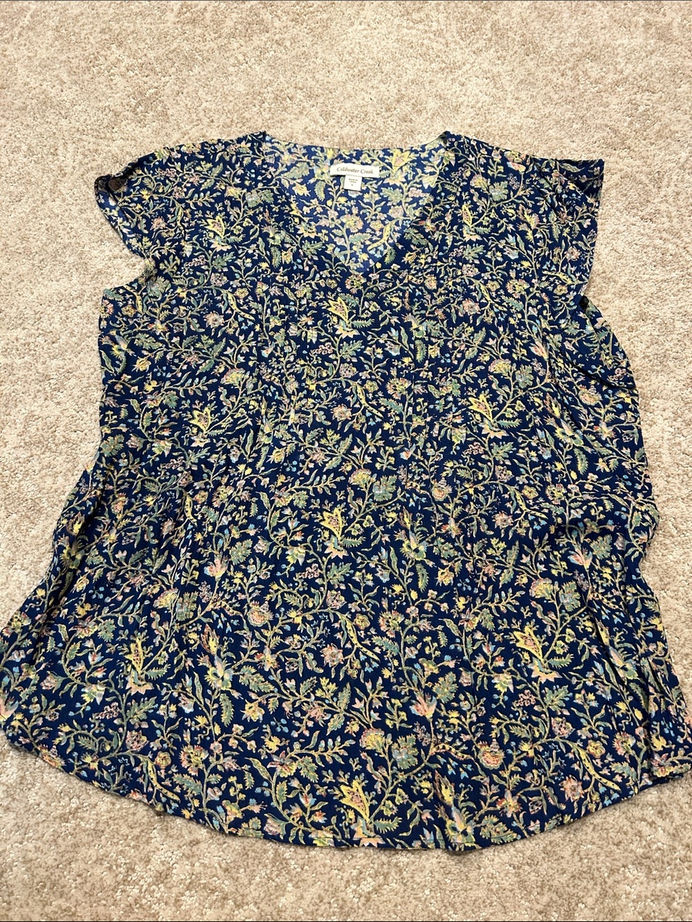 Coldwater Creek Navy Floral V-Neck Flutter Sleeve Top